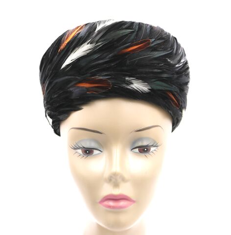 Vintage,-,UNION,MADE,Black,Feather,Pill,Box,Hat,Montgomery,Wards, union made, black, vintage hat, Montgomery Wards
