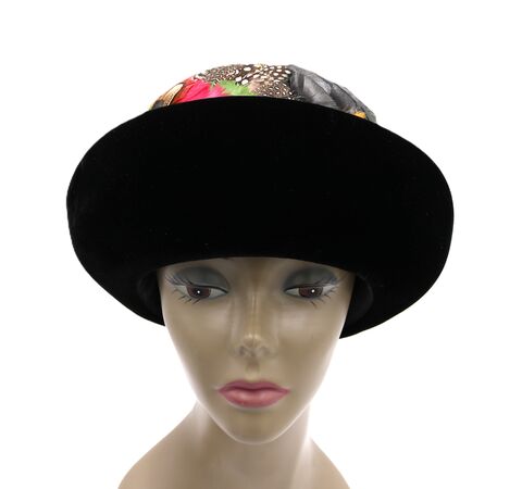 Vintage,-,DANA,ORIGINAL,Black,Velvet,and,Multi-Color,Feather,Hat,Dana Original, vintage hat, velvet, black, feather, paisley