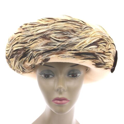 Vintage,-,SONNI,Wide,Brimmed,Off,White,Feather,Hat,San,Francisco,Sonni, vintage hat, feather, light, brim, wool, off white, tan, brown
