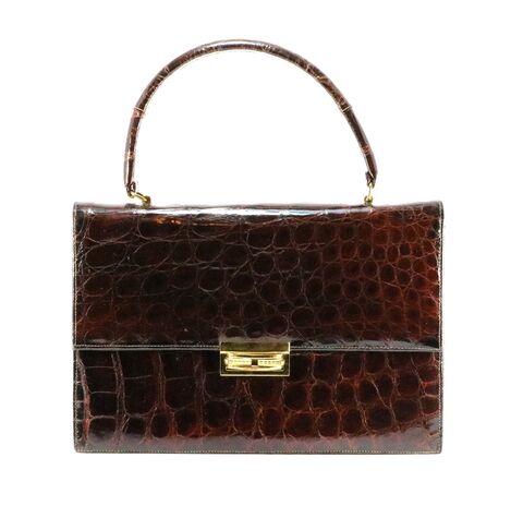 Vintage,50s-60s,-,BELLESTONE,Brown,Burgundy,ALLIGATOR,Top,Handle,Handbag,Bellestone, alligator, crocodile, vintage handbag, vintage purse, brown, burgundy, leather, gold