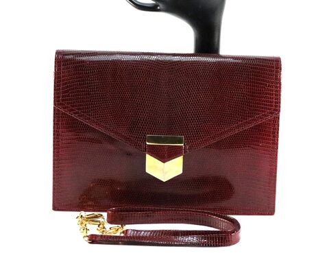 Vintage,-,SAKS,FIFTH,AVENUE,Maroon,LIZARD,Skin,Clutch,Shoulder,Bag,Italy,Saks Fifth Avenue, lizard, clutch, shoulder bag, purse, vintage, maroon, gold toned, 