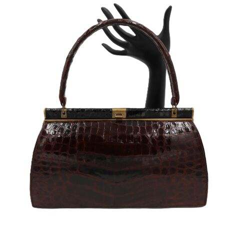 Vintage,50s-60s,-,BELLESTONE,Small,Brown,ALLIGATOR,Structured,Handbag,Bellestone, alligator, crocodile vintage handbag, vintage purse, 50s, 60s, structured, brown, leather