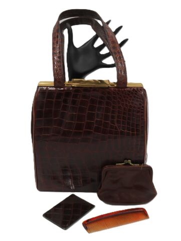 Vintage,50s,-,DEITSCH,Brown,ALLIGATOR,Double,Handle,Handbag,Deitsch, vintage handbag, vintage purse, alligator, crocodile, leather, brown, structure, comb, coin purse, mirror,, 50s