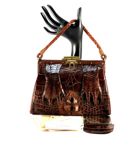 Antique,Small,Hornback,-,ALLIGATOR,Handbag,With,Claws, alligator handbag, alligator purse, brown, coin purse, mirror, vintage handbag, edwardian
