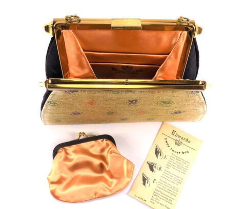 Vintage,-,EDWARDS,LTD,3,in,1,Silk,Faille,Handbag,Edwards, vintage handbag, vintage purse, gold, peach, 3 in 1, chain, black, silk, fille
