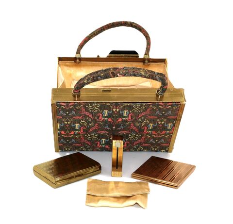 Vintage,40s-50s,-,EVANS,ELEGANCE,Brown,Multi-Color,Tapestry,Box,Metal,Handbag,Rare,Evans, elegance, vintage handbag, vintge purse, 40s, 50s, tapestry, gold, cigarette case, compact, coin purse, vintage, box, 
