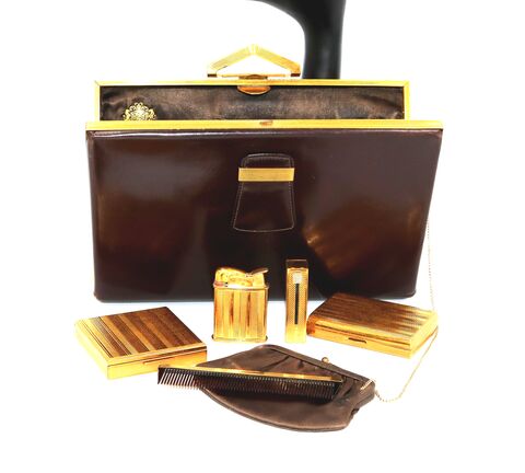 Vintage,50s,-,EVANS,ELEGANCE,Brown,Leather,Fitted,Clutch,Handbag,Evans elegance, vintage clutch, vintage handbag, vintage purse, 50s, brown, leather, fitted, cigarette case, compact, lipstick, lighter, comb, coin purse, 