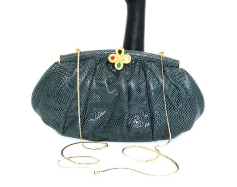 Vintage,-,JUDITH,LEIBER,Dark,Bluish,Grey,Karung,SNAKE,SKIN,Shoulder,Bag,Judith Leiber, vintage clutch, vintage handbag, vintage purse, karung, snake, dark grey, gold, chain, 