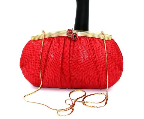 Vintage,-,JUDITH,LEIBER,Red,Karung,SNAKE,SKIN,Clutch,Shoulder,Bag,Judith Leiber, vintage clutch, vintage handbag, vintage purse, vintage shoulder bag, karung, snake, red, 