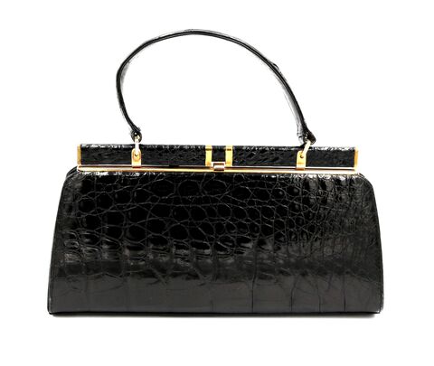 Vintage,50s-60s,-,LESCO,Black,Structured,ALLIGATOR,Handbag,Mid,Century,Modern,Lesco, alligator, crocodile, vintage handbag, vintage purse, black, leather, 50s, 60s, reptile, satchel, mid century modern
