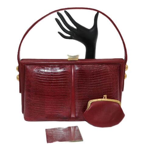 Vintage,50s-60s,Maroon,-,LIZARD,and,Leather,Handbag,Hand,Made,Lizard, alligator, crocodile, maroon, leather, vintage handbag, vintage purse, tan, coin purse, mirror, 50s, 60s