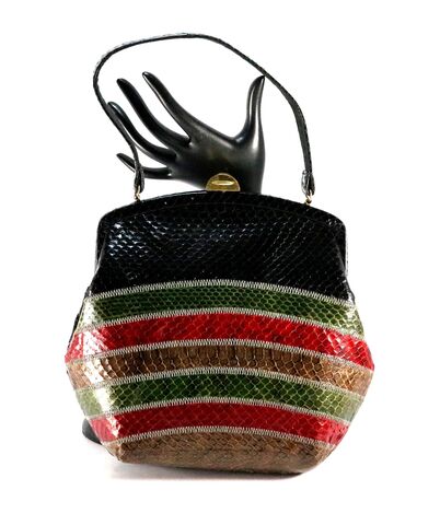 Vintage,50s,-,FILM,STAR,CREATIONS,Hollywood,Multi-Colored,COBRA,Snake,Skin,Handbag,Film Star Creations, vintage handbag, vintage purse, cobra, snake, black, red, green, fabric, gold, 50s, retro, mid century modern