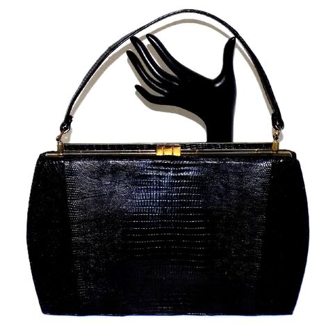 Vintage,-,SYDNEY,of,CALIFORNIA,Black,Lizard,Skin,Structured,Handbag,Sydney of California, vintage handbag, vintage purse, black, lizard, structured, leather, gold, reptile