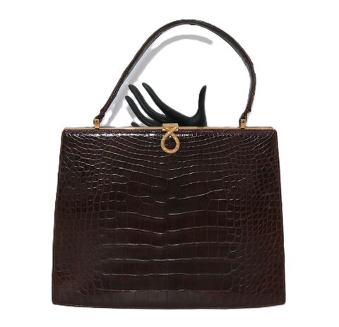 Vintage,50s-60s,-,LUCILLE,de,PARIS,Large,Brown,Structured,ALLIGATOR,Handbag,Lucille de Paris, alligator, crocodile, vintage handbag, vintage purse, 50s, 60s, leather, brown, structured