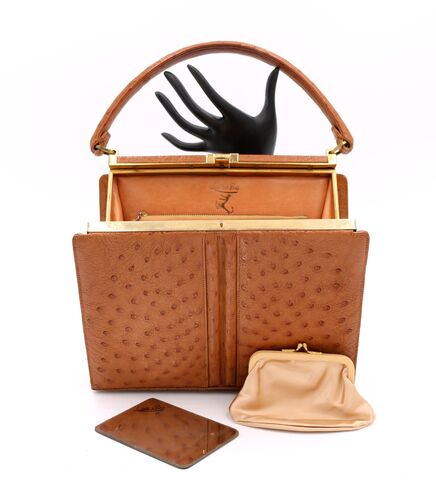 Vintage,-,LUCILLE,de,PARIS,Tan,OSTRICH,SKIN,Dome,Handle,Handbag,Lucille de Paris, ostrich, vintage handbag, vintage purse, 50s, leather, tan, structured, mid century modern, retro, 