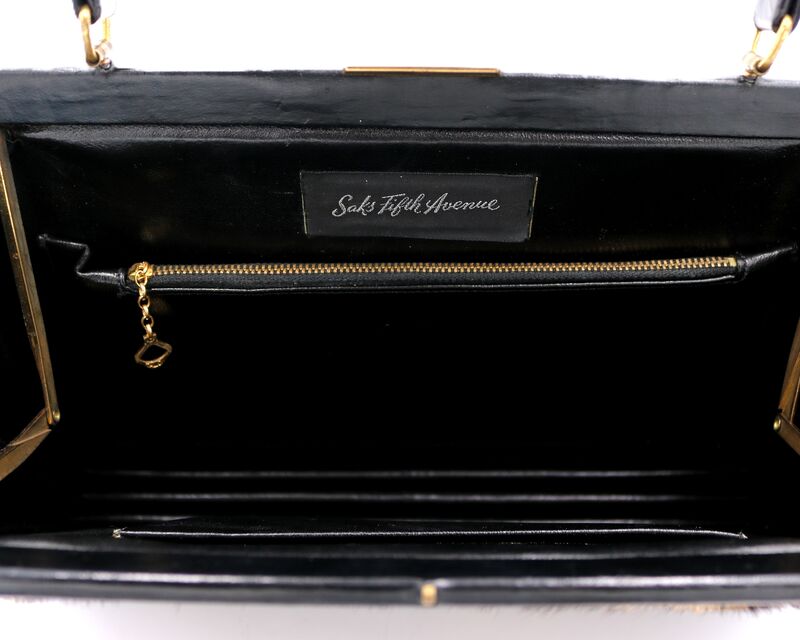 Vintage - SAKS FIFTH AVENUE - 50s-60s Genuine - EXOTIC FUR - Black Leather Mid Century Modern Satchel Handbag - product images  of 