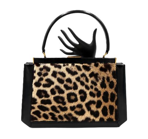 Vintage,-,SAKS,FIFTH,AVENUE,50s-60s,Genuine,EXOTIC,FUR,Black,Leather,Mid,Century,Modern,Satchel,Handbag,Saks Fifth Avenue, vintage handbag, vintage purse, satchel, exotic fur, leopard, leather, mid century modern, black, 50s, 60s, rare