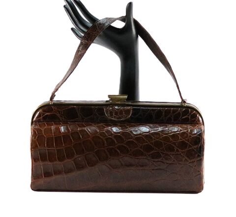 Vintage,Small,50s,-,DEITSCH,Brown,Barrel,ALLIGATOR,Handbag,Satchel,Deitsch, vintage handbag, vintage purse, alligator, crocodile, leather, barrel, structure, orange, satchel,  gold,Mid Century