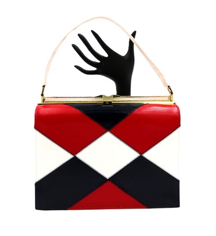 Vintage,50s-60s,-,NATURALIZER,Color,Block,leather,Like,Handbag,Mid,Century,Naturalizer, vintage handbag, vintage purse, satchel, color block, leather like, mid century, red, white, blue, fabric, black, 50s, 60s