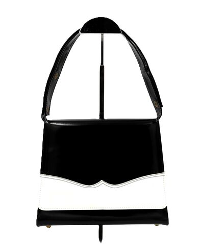 Vintage,Mod,Black,and,White,-,RISQUE,Patent,Handbag/Shoulder,bag,-RETRO,Risqué, vintage handbag, vintage purse, vintage shoulder bag, vinyl, faux leather, black, white, patent, fabric, cloth, mid century