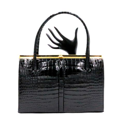 Vintage,50s-60s,-,MY,LADY,LONDON,Black,Alligator,Embossed,Patent,Leather,Handbag,MID,CENTURY,My Lady London, alligator, black, patent, leather, vintage handbag, vintage purse, 50s, 60s, retro, suede, tan, mid century