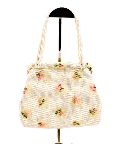 Vintage,Double,Handle,-,LUMURED,Beaded,Handbag,Mid,Century,Lumured, bead, vintage handbag, vintage purse, white, pink, MCM, green, retro, 60s, 50s, mid century, fabric, cloth