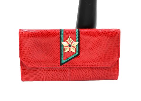 Vintage,-,JUDITH,LEIBER,Red,Karung,SNAKE,SKIN,Wallet,80s-90s,Rare,Judith Leiber, vintage clutch, vintage wallet, karung, snake, red, 80s, 90s, leather, gold, metal, retro, cabochon