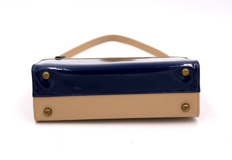 Vintage 60s - NATURALIZER - Tan and Navy Blue leather Like Handbag - Mid Century - - product images  of 