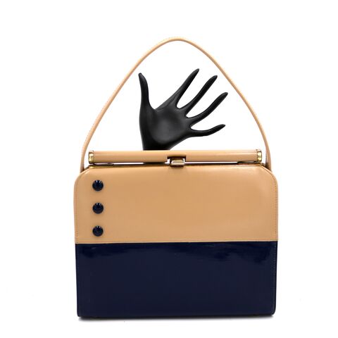 Vintage,60s,-,NATURALIZER,Tan,and,Navy,Blue,leather,Like,Handbag,Mid,Century,Naturalizer, vintage handbag, vintage purse, tan, navy, blue, leather, black, fabric, 60s, mid century, metal