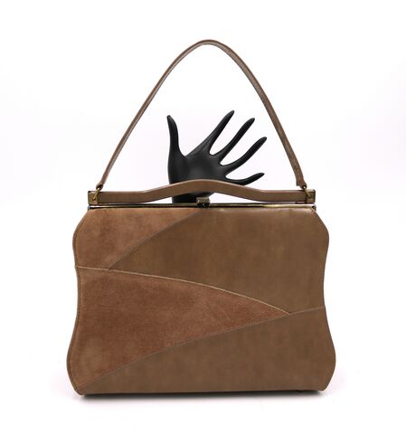 Vintage,60s,-,LIFE,STRIDE,Tan,leather,suede,Like,Handbag,Mid,Century,Life Stride, vintage handbag, vintage purse, tan, suede, leather, black, fabric, 60s, mid century, metal
