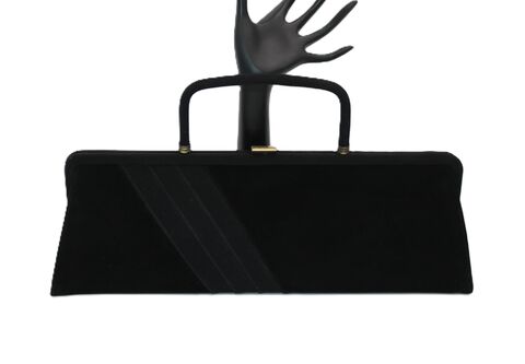 Vintage,50s-60s,-,PRETTY,Oblong,Black,Velvet,Structured,Clutch,Handbag,Mid,Century,Pretty, vintage handbag, vintage purse, vintage clutch, black, velvet, satin, mid century, oblong, 50s, 60s