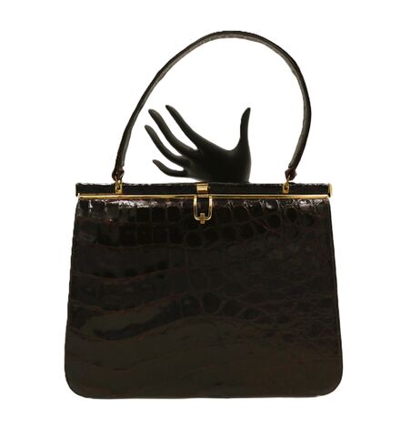 Vintage,-,BELLESTONE,50s-60s,ALLIGATOR,Brown,Structured,Handbag,Mid,Century,Bellestone, alligator, crocodile, vintage handbag, vintage purse, brown, beige, leather, 50s, 60s, mid century