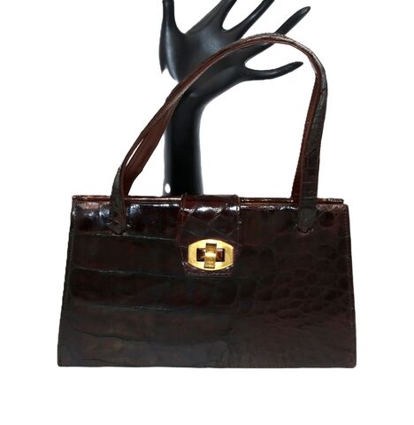 Vintage,Petite,-,BON,TON,Brown,ALLIGATOR,Double,Handle,Handbag,Mid,Century,Bon Ton, alligator, crocodile, vintage handbag, vintage purse, brown, leather, mirror, comb, mid century, art deco, retro