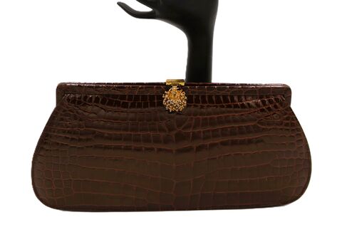 Vintage,-,DOFAN,Framed,Brown,Alligator,Embossed,Leather,Clutch,Purse,50s-60s,Mid,Century,Dofan, alligator, brown, leather, vintage clutch, vintage handbag, vintage purse, satn, 50s, 60s, mid century