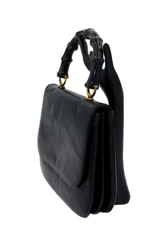 Vintage - GRETA - Black Leather Dome Handle Handbag Purse - Mid Century -  - product images  of 