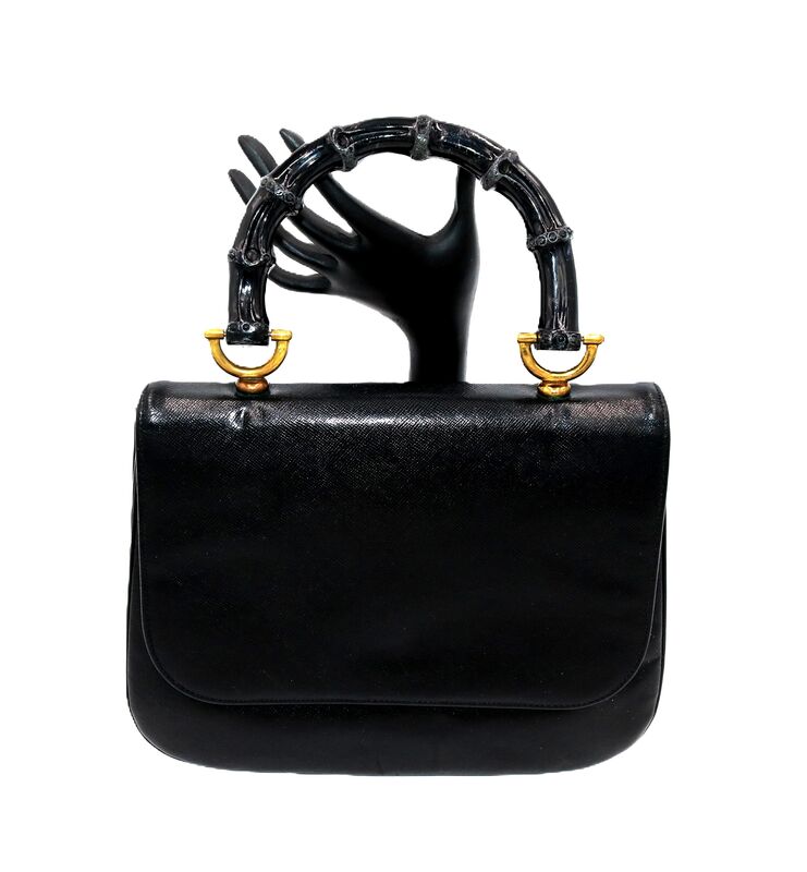 Vintage - GRETA - Black Leather Dome Handle Handbag Purse - Mid Century -  - product images  of 