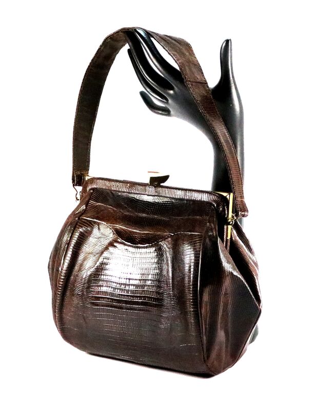 Vintage Small Brown - LIZARD - Skin Round Handbag Purse - Mid Century - 40s-50s - product images  of 