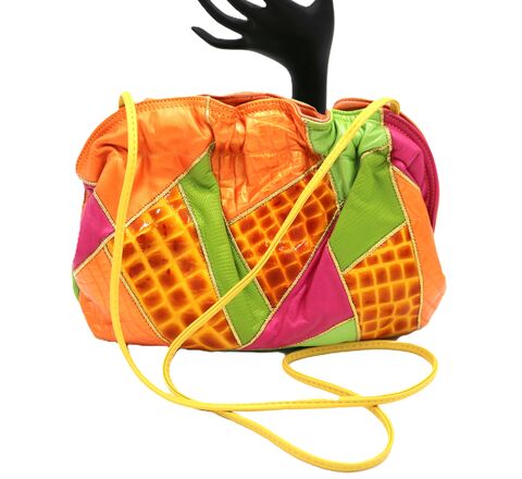 Vintage,-,OHH!,ASHLEY,Multi-Color,Leather,Clutch,Shoulder,Bag,RETRO,80s-90s,OHH! Ashley, vintage clutch, vintage shoulder bag, vintage handbag, vintage purse, 90s, 80s, retro, leather, gold, oran, green, pink