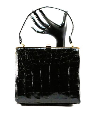 Vintage,50s-60s,-,BELLESTONE,Small,Black,ALLIGATOR,Skin,Boxy,Handbag,Bellestone, alligator, crocodile, vintage handbag, vintage purse, black, leather, boxy, MCM, patent, gold