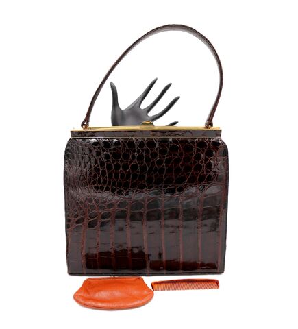 Vintage,50s-60s,-,ALLIGATOR,Brown,Structured,Handbag,Purse,Mid,Century,Alligator, crocodile, vintage handbag, vintage purse, 50s, 60s, brown, leather, structured, mid century, retro