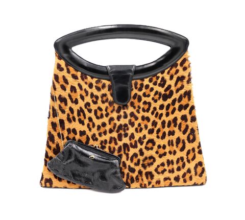 Vintage,50s-60s,-,KORET,Faux,Leopard,Calf,Fur,Leather,Handbag,Mid,Century,Rare,Koret, leather, leopard, black, fur, vintage handbag, vintage purse, mid century, brown, tan, coin purse