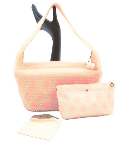 Vintage,-,LUMURED,Corde',Pink,and,Clear,Bead,Handbag,Mirror,Coin,Purse,Lumured, corde', bead, vintage handbag, vintage purse, cream, pink, white, gift, MCM, coin purse, mirror, mid century