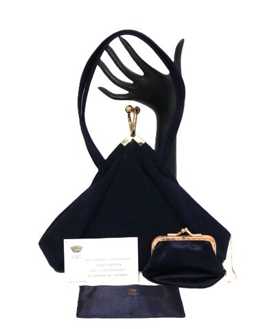 Vintage,40s,Dark,Blue,-,CROWN,LEWIS,Non-Crockable,Suede,Handbag,Lewis, vintage handbag, vintage purse, suede, non crockable, satin, 40s, gold, dark blue, crown, evening bag, crock, 