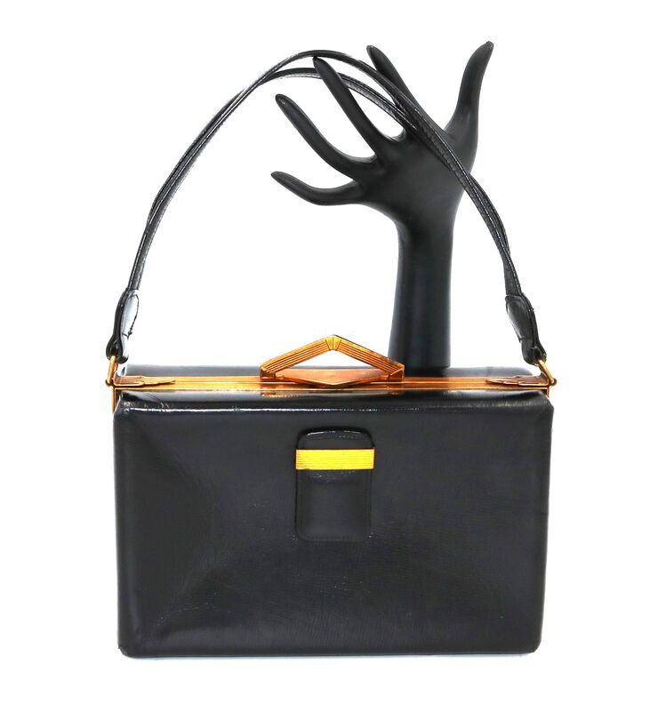 Vintage 50s - EVANS ELEGANCE - Black Leather Boxy Handbag - product images  of 