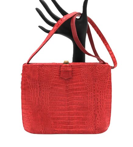 Vintage,Small,-,LUC,BENOIT,Red,Crocodile,Handbag,Shoulder,bag,GERMANY,Luc Benoit, vintage shoulder bag, vintage handbag, vintage purse, alligator, crocodile, red, leather, gold, gift, mid century modern