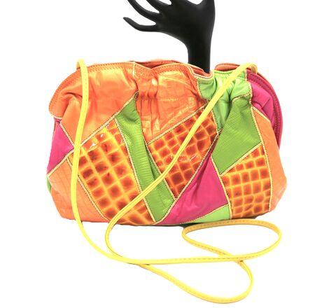 Vintage,-,OHH!,ASHLEY,Multi-Color,Leather,Clutch,Shoulder,Bag,RETRO,80s-90s,OHH! Ashley, vintage clutch, vintage shoulder bag, vintage handbag, vintage purse, 90s, 80s, retro, leather, gold, oran, green, pink