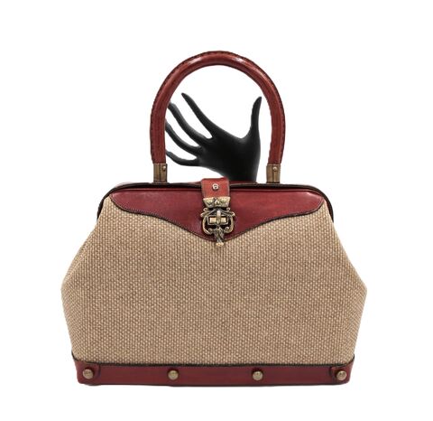 Vintage,-,ETIENNE,AIGNER,Original,Hand,Made,Red,Heavy,Leather,Tweed,Handbag,Mid,Century,Etienne Aigner, vintage handbag, vintage purse, leather, tweed, linen, red, fabric, tan, metal, mid century