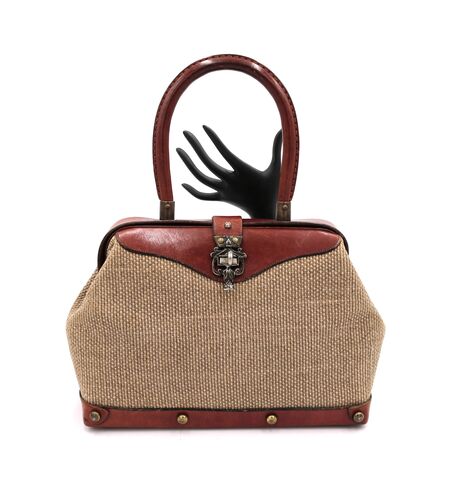 Vintage,-,ETIENNE,AIGNER,Original,Hand,Made,Red,Heavy,Leather,Tweed,Handbag,Mid,Century,#2,Etienne Aigner, vintage handbag, vintage purse, leather, tweed, linen, red, fabric, tan, metal, mid century
