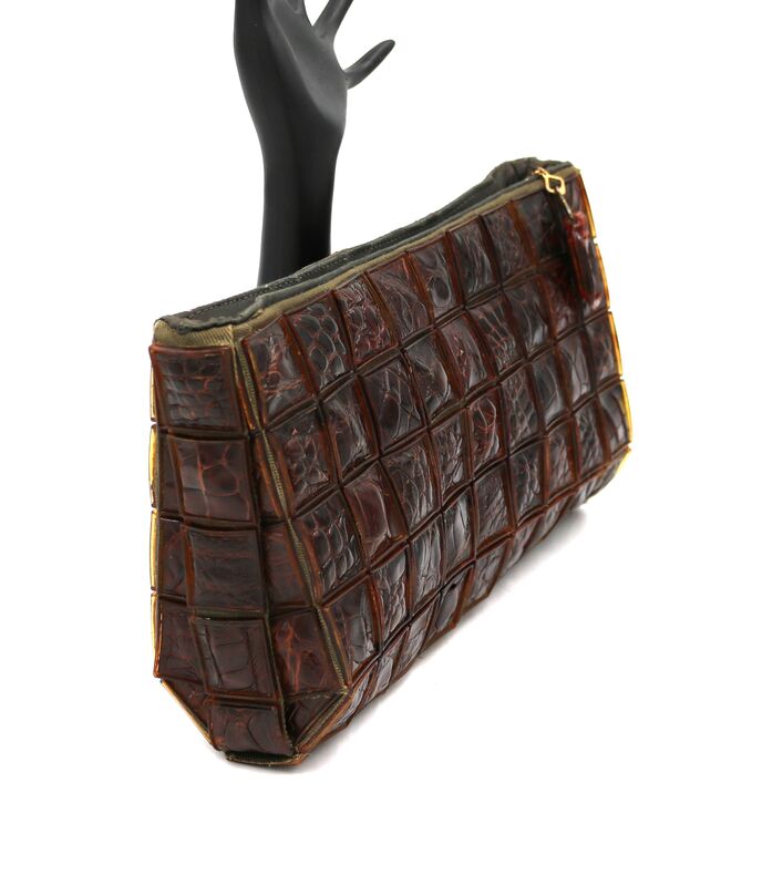 Rare Vintage 40s-50s Brown - ALLIGATOR - Bakelite Tile Clutch Handbag  - product images  of 