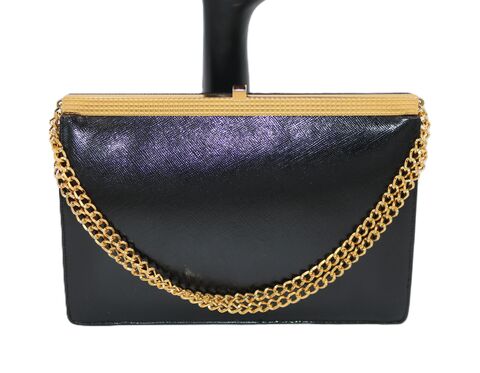 Vintage,Small,Black,-,KORET,Goat,Skin,Leather,Clutch,Handbag,Koret, goat skin, leather, black, vintage clutch, vintage handbag, purse, chain, gold, metal, India, frame, satin